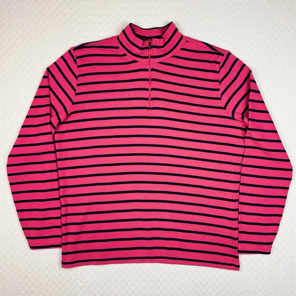 L.L.Bean Quarter Zip Pullover Sailor Striped Women XL Navy Pink-Orange Preppy